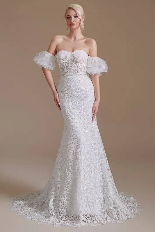 White Mermaid Lace Detachable Puff Sleeves Sweep Train Bridal Dress sold by Zapaka