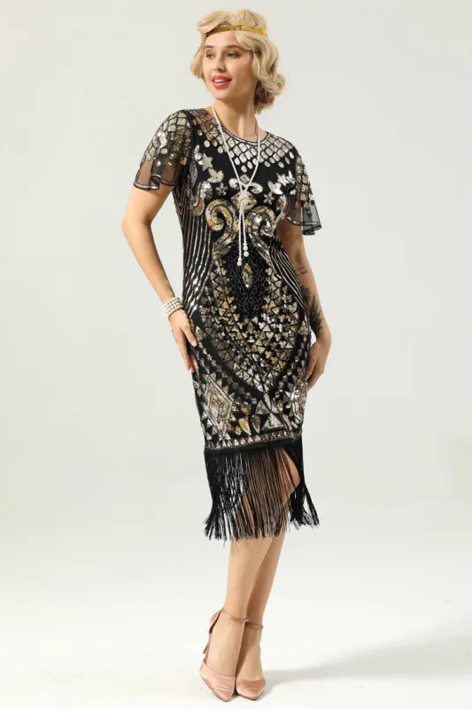 Black and Gold Sequin 1920 Dress with Batwing Sleeves sold by Zapaka
