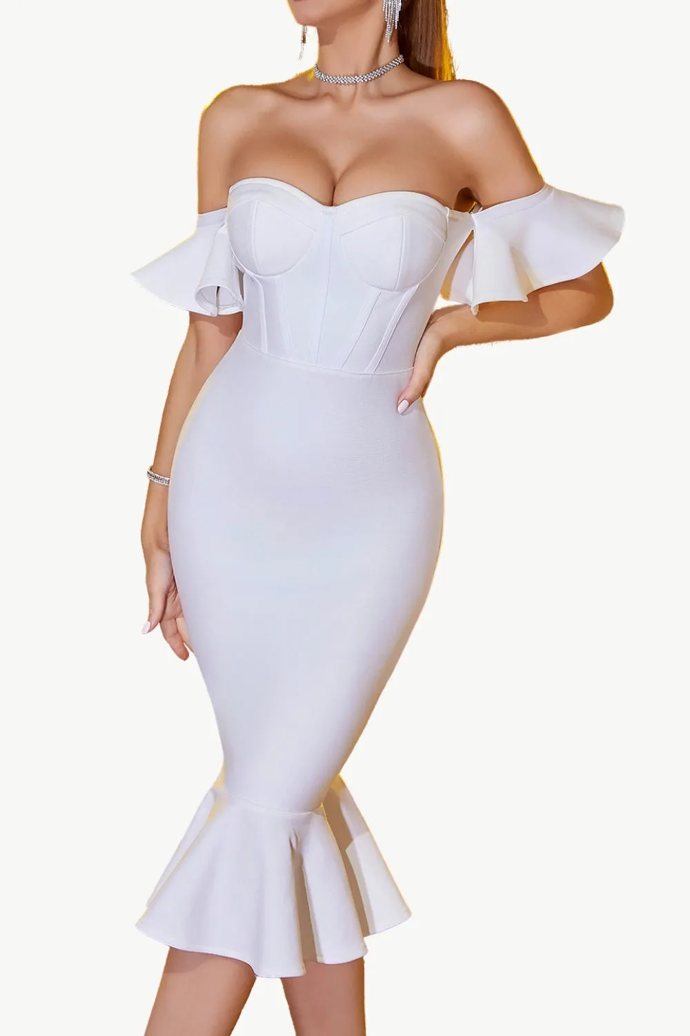 White Bodycon Off The Shoulder Midi Formal Dress With Ruffles sold by Zapaka product image thumbnail 5