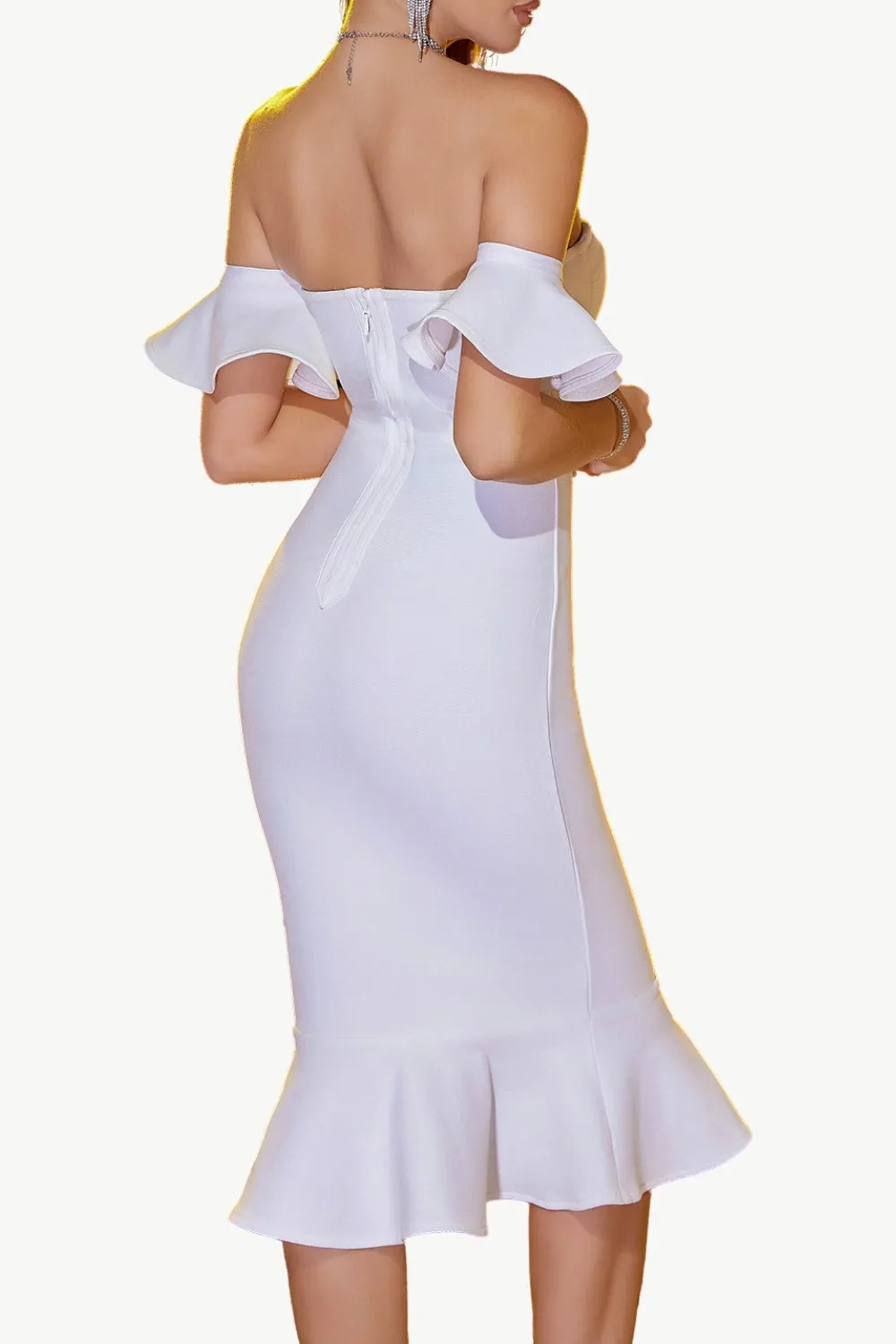 White Bodycon Off The Shoulder Midi Formal Dress With Ruffles sold by Zapaka product image thumbnail 2