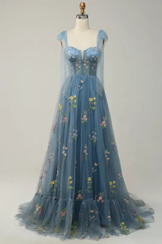 Grey Blue Tulle A Line Corset Prom Dress with Embroidery sold by Zapaka