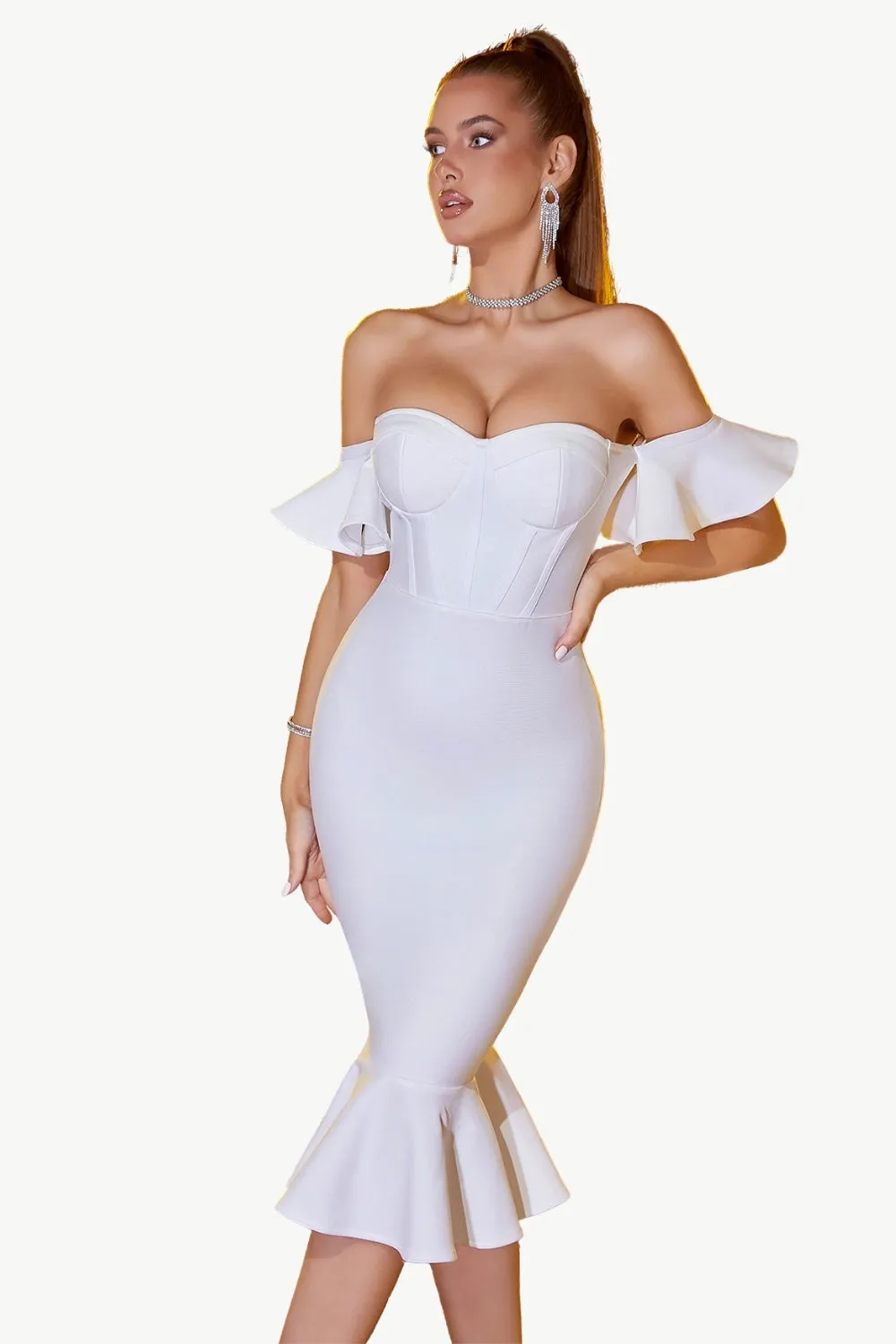 White Bodycon Off The Shoulder Midi Formal Dress With Ruffles sold by Zapaka product image thumbnail 3