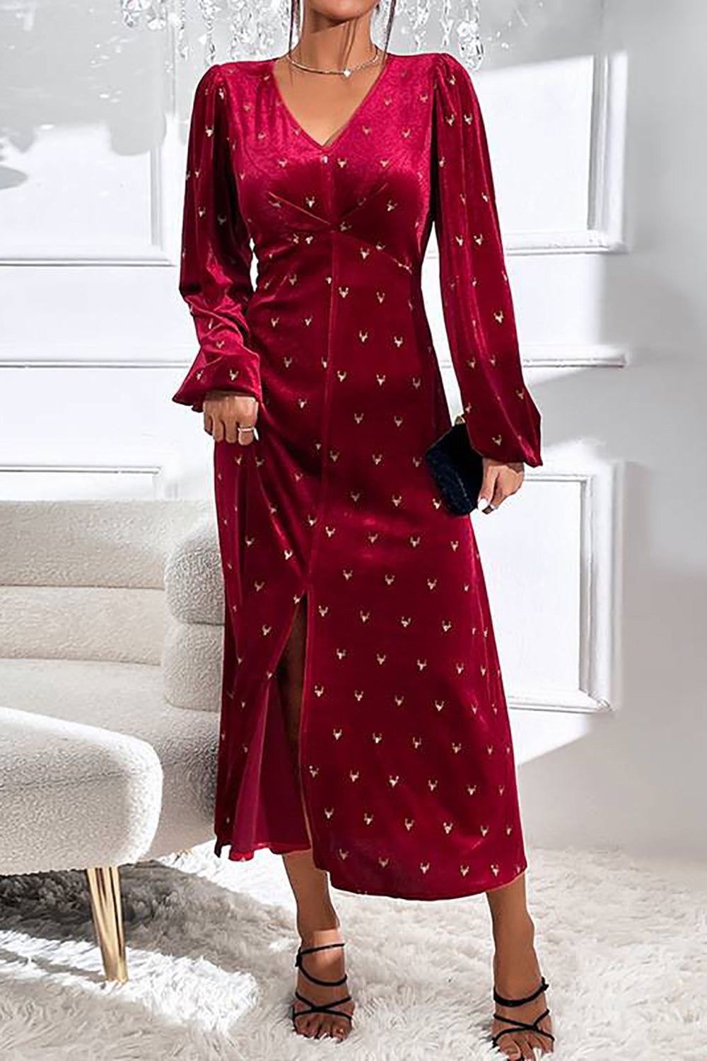Long Sleeves Burgundy Velvet Holiday Party Dress with Slit sold by Zapaka product image thumbnail 3
