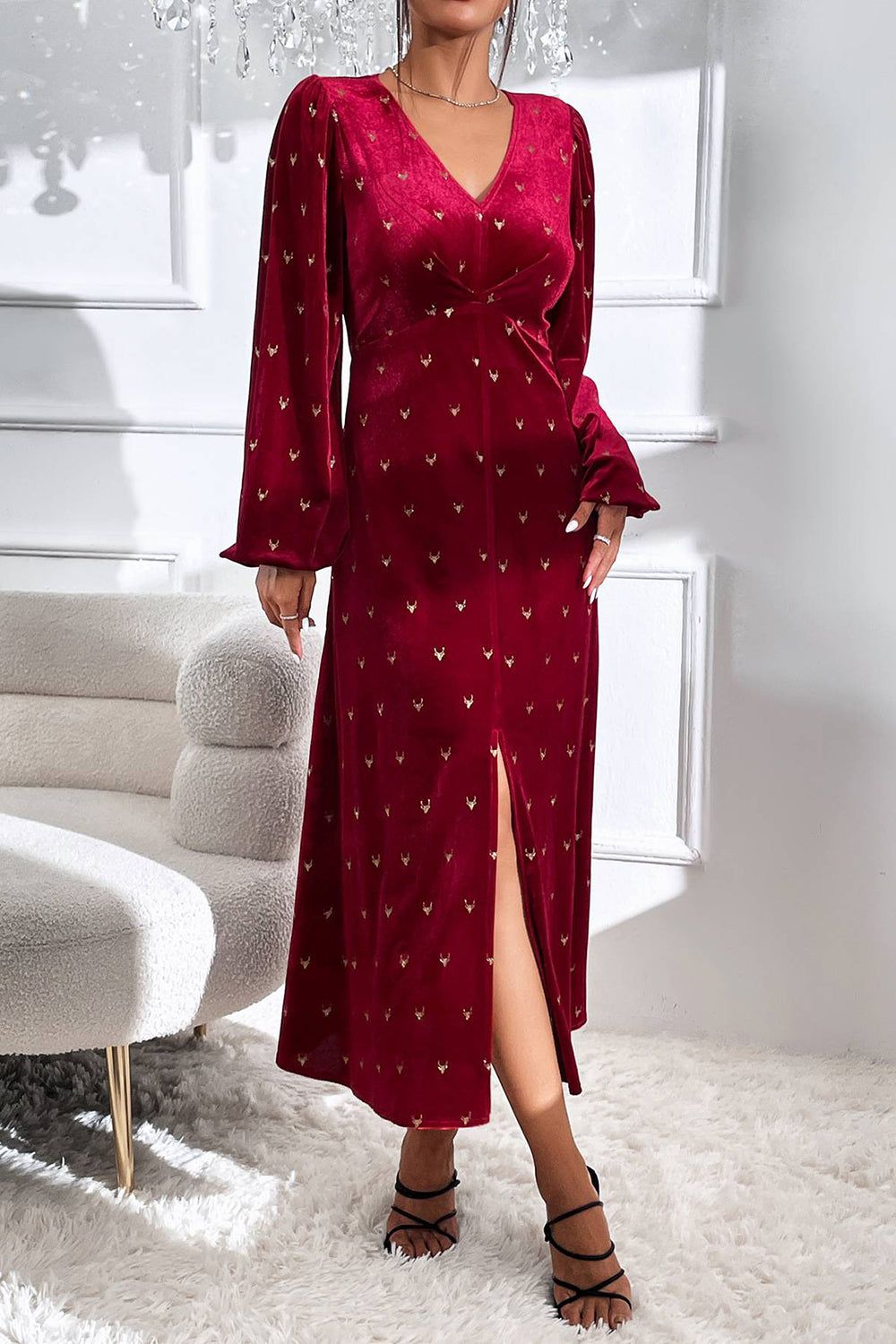 Long Sleeves Burgundy Velvet Holiday Party Dress with Slit sold by Zapaka product image thumbnail 4