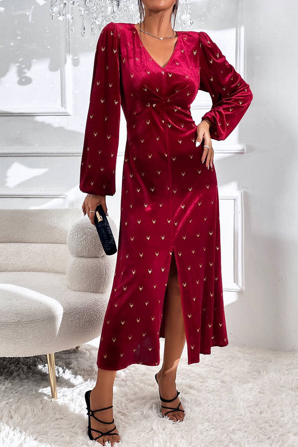 Long Sleeves Burgundy Velvet Holiday Party Dress with Slit sold by Zapaka