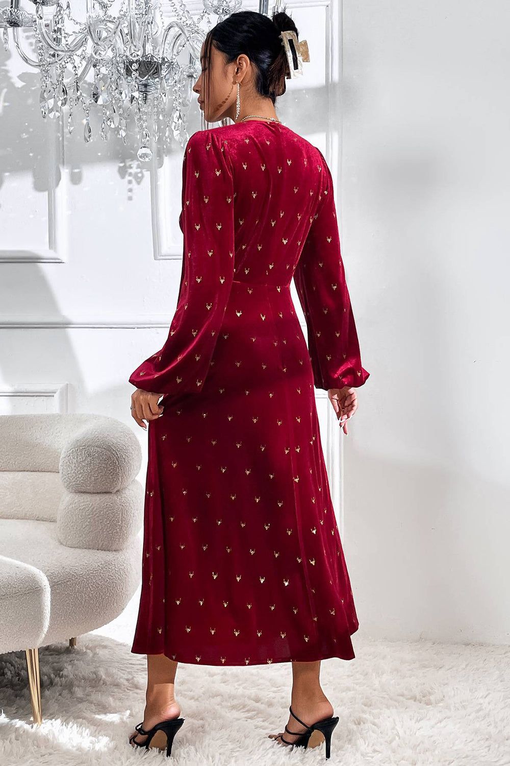 Long Sleeves Burgundy Velvet Holiday Party Dress with Slit sold by Zapaka product image thumbnail 2