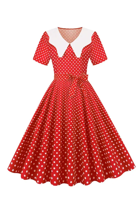 Hepburn Red Polka Dots Print Vintage Dress with Belt sold by Zapaka
