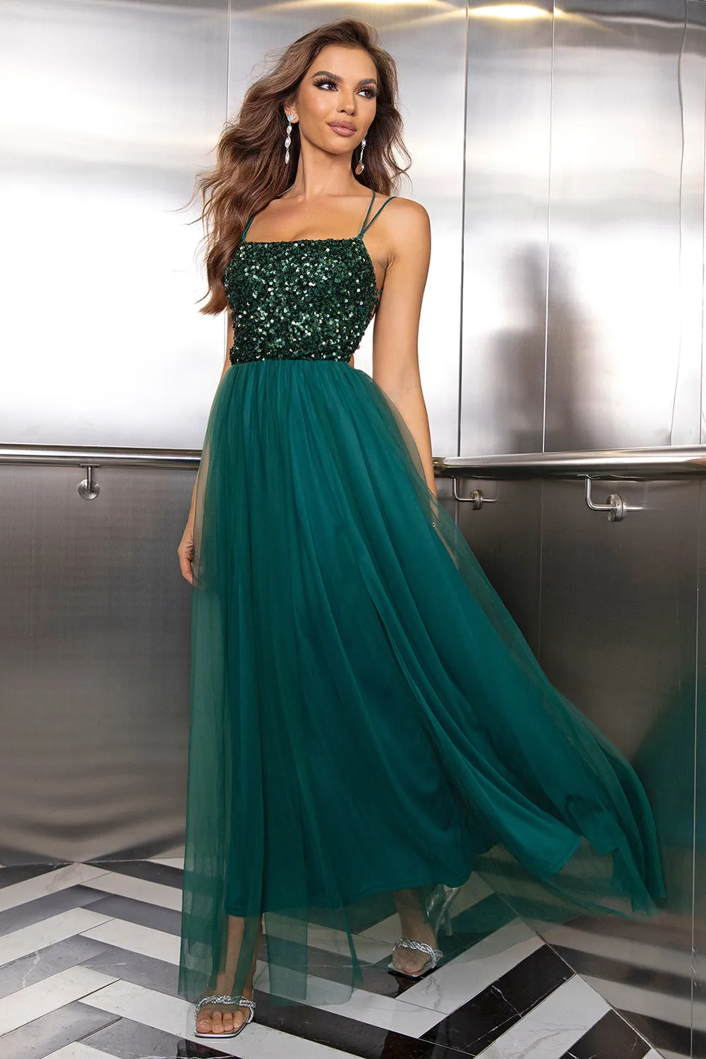 Sparkly Tulle Lace-Up Back Pine Formal Dress with Sequins sold by Zapaka product image thumbnail 4