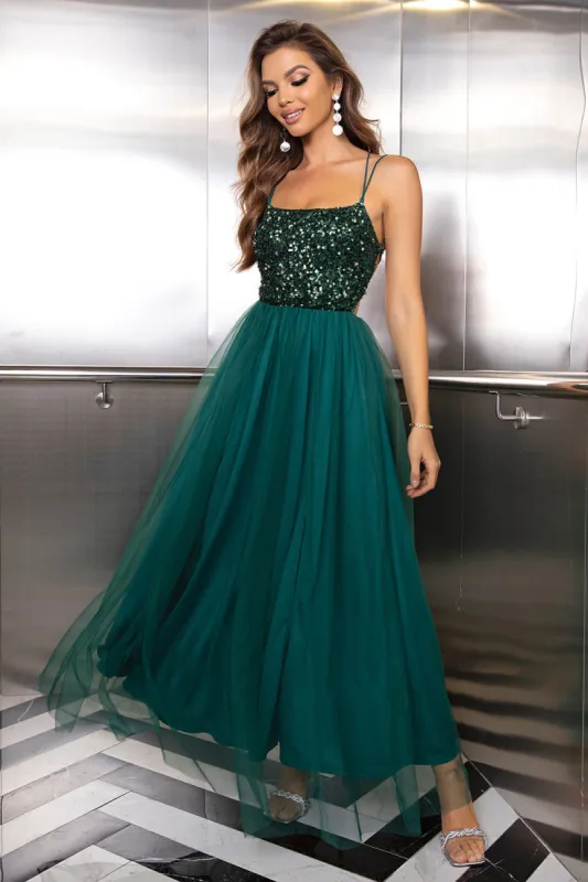 Sparkly Tulle Lace-Up Back Pine Formal Dress with Sequins sold by Zapaka