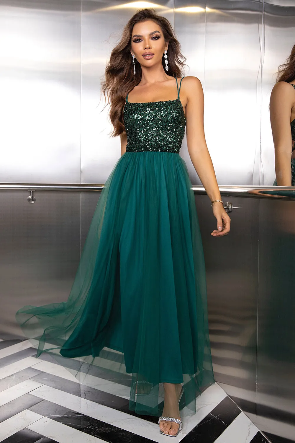 Sparkly Tulle Lace-Up Back Pine Formal Dress with Sequins sold by Zapaka product image thumbnail 5
