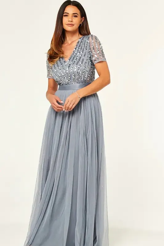 Sparkly V-Neck Grey Formal Dress with Short Sleeves sold by Zapaka