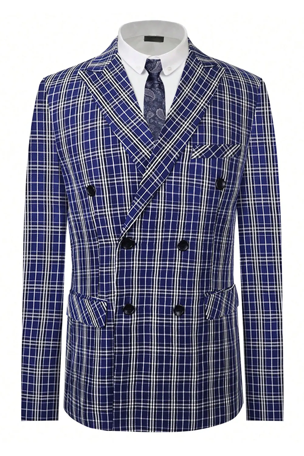 Royal Blue Plaid Peak Lapel Double Breasted 2 Piece Men's Suit sold by Zapaka product image thumbnail 2