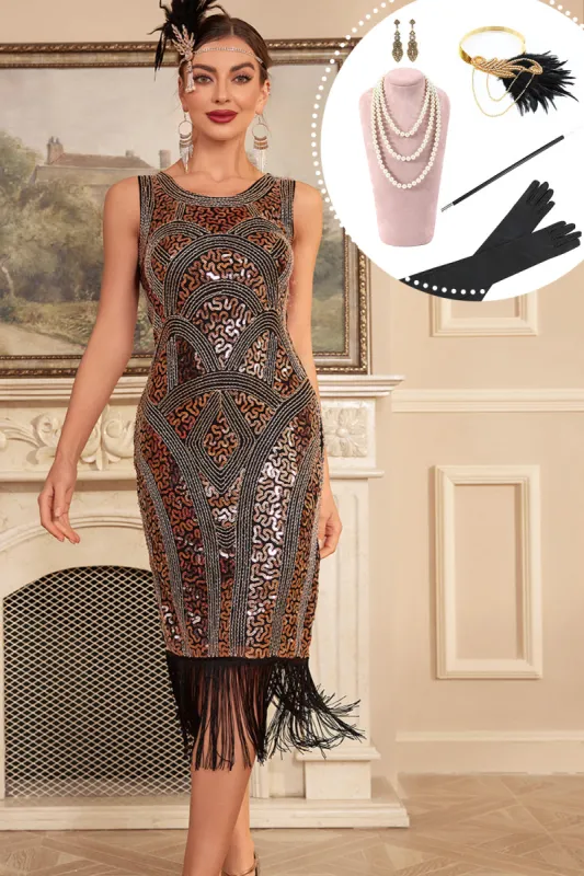 Sparkly Golden Fringes Flapper Dress with 20s Accessories sold by Zapaka