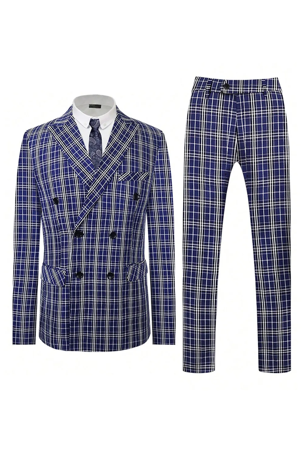 Royal Blue Plaid Peak Lapel Double Breasted 2 Piece Men's Suit sold by Zapaka