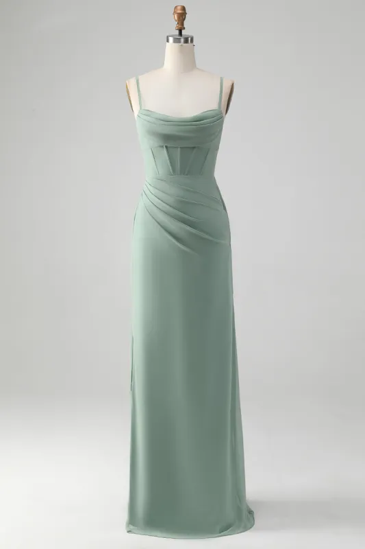 Spaghetti Straps Grey Green Mermaid Corset Bridesmaid Dress with Slit sold by Zapaka