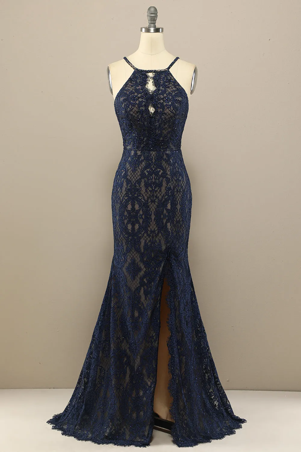 Navy Mermaid Lace Long Prom Dress sold by Zapaka