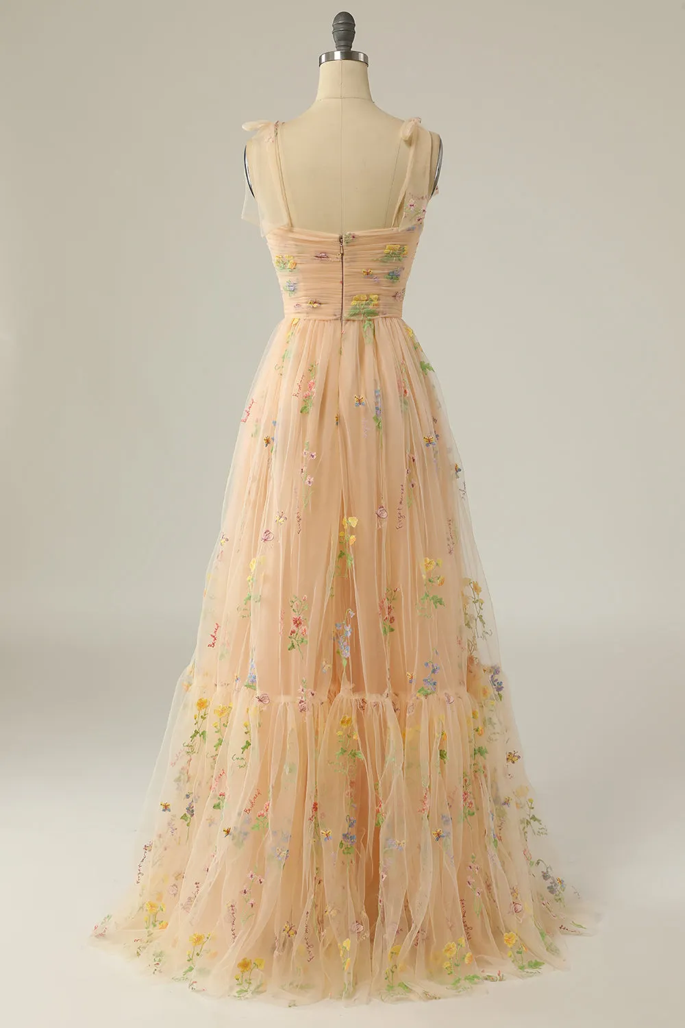 Champagne Tulle A Line Spaghetti Straps Ruched Long Prom Dress with Embroidery sold by Zapaka product image thumbnail 2