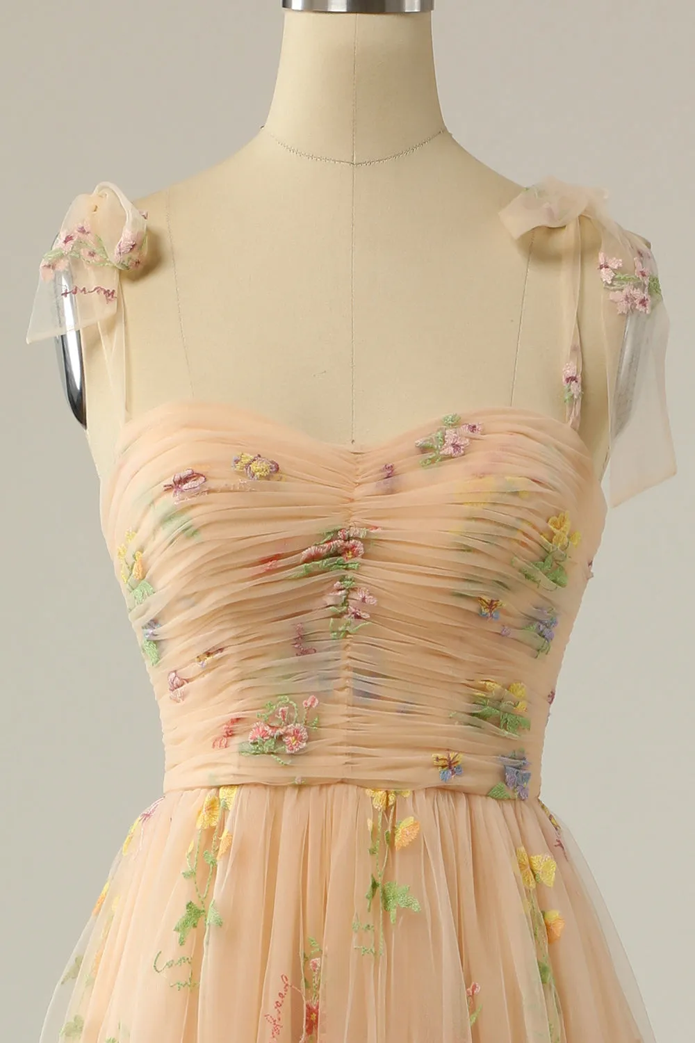Champagne Tulle A Line Spaghetti Straps Ruched Long Prom Dress with Embroidery sold by Zapaka product image thumbnail 3