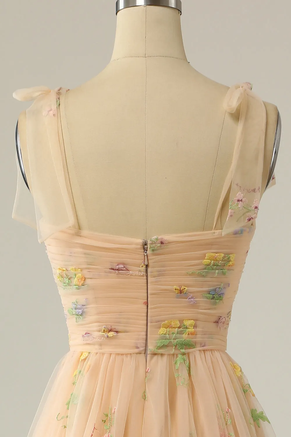 Champagne Tulle A Line Spaghetti Straps Ruched Long Prom Dress with Embroidery sold by Zapaka product image thumbnail 4