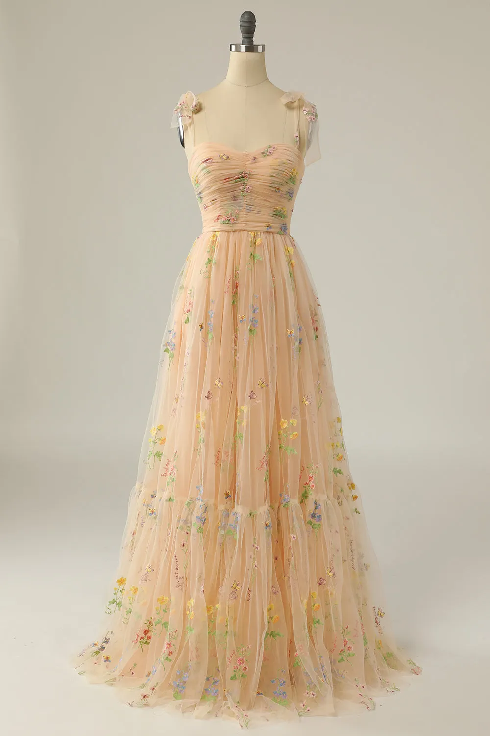 Champagne Tulle A Line Spaghetti Straps Ruched Long Prom Dress with Embroidery sold by Zapaka