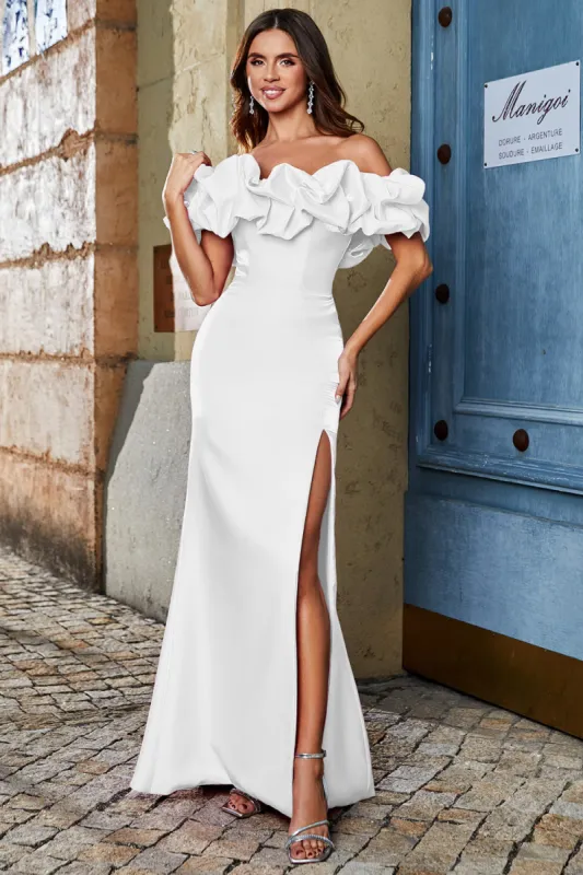Mermaid Off the Shoulder White Prom Dress with Split Front sold by Zapaka