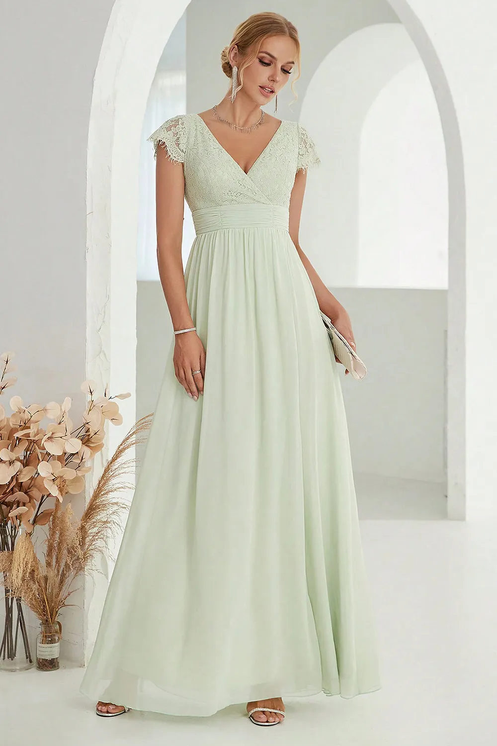 A-Line V Neck Light Green Formal Dress with Lace sold by Zapaka product image thumbnail 4