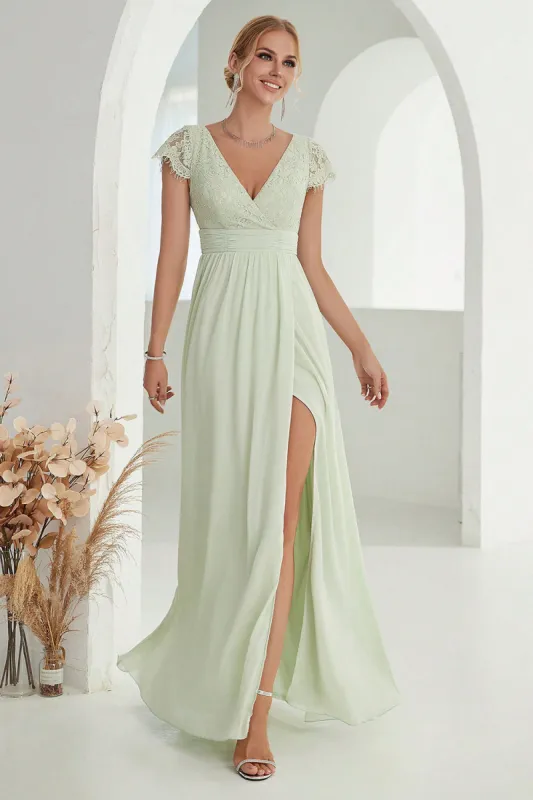 A-Line V Neck Light Green Formal Dress with Lace sold by Zapaka