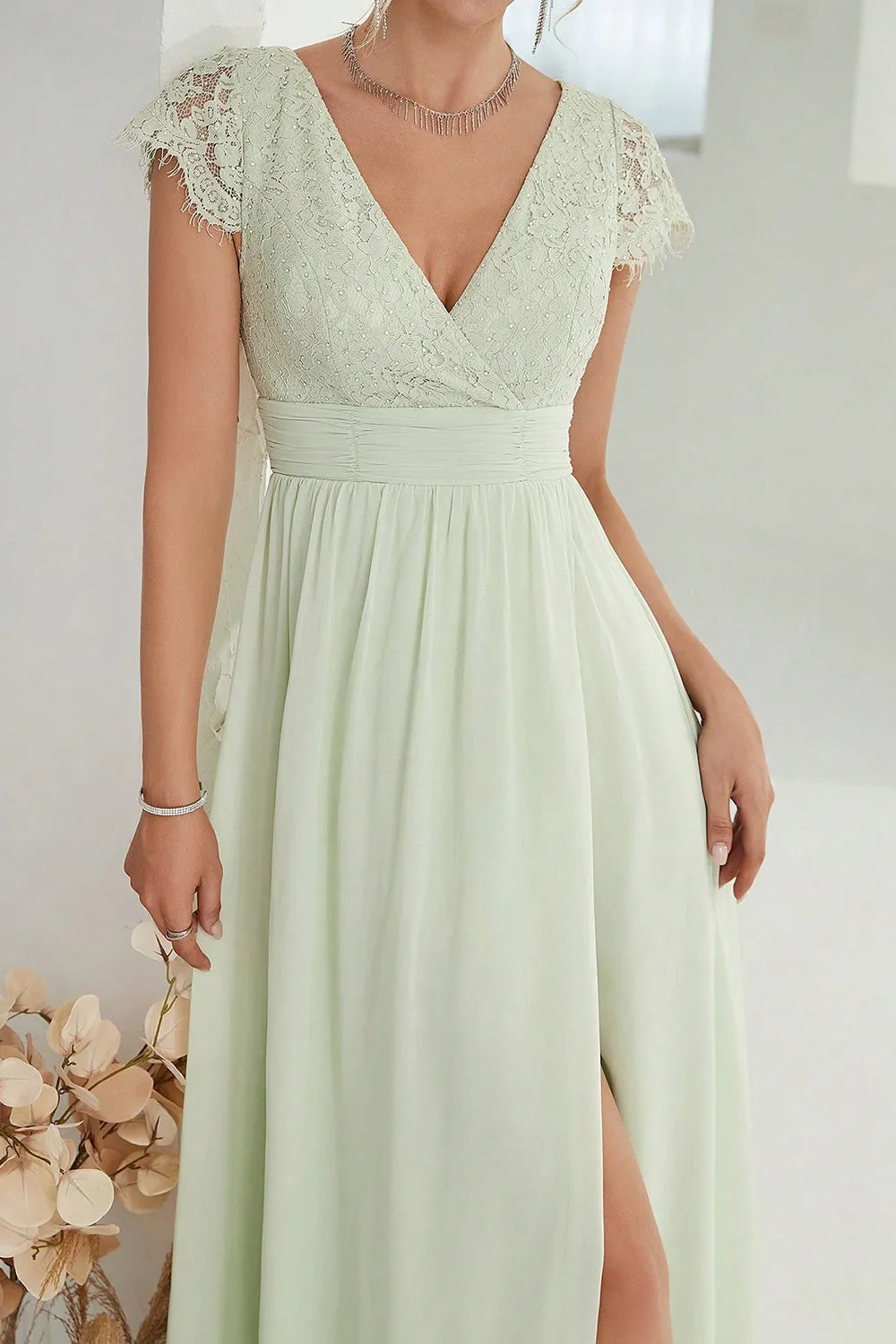 A-Line V Neck Light Green Formal Dress with Lace sold by Zapaka product image thumbnail 5
