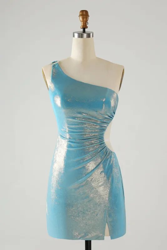 Blue Bodycon One Shoulder Satin Short Homecoming Dress with Slit sold by Zapaka