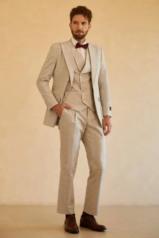 Ivory Single Breasted Plaid Peak Lapel 3 Piece Men's Suits sold by Zapaka