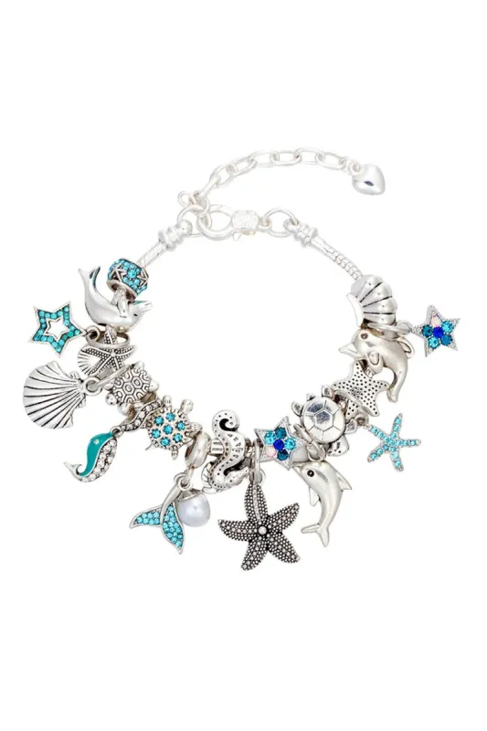 Blue Ocean Series Dolphin Starfish Pendant Beaded Bracelet sold by Zapaka
