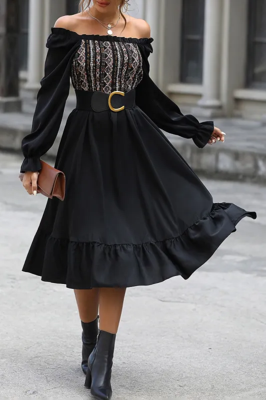 Black Off the Shoulder Long Sleeves Casual Dress with Belt sold by Zapaka