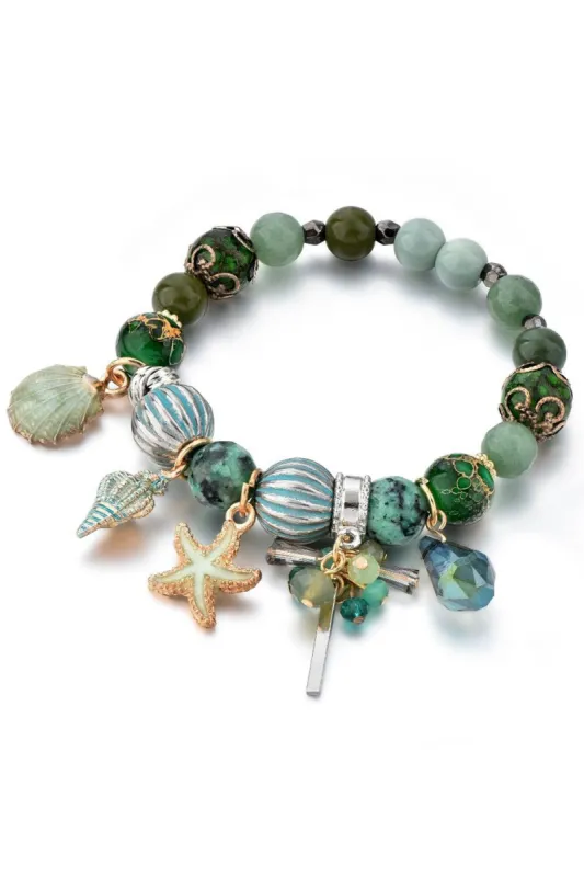 Green Shell and Starfish Pendant Beaded Bracelet sold by Zapaka