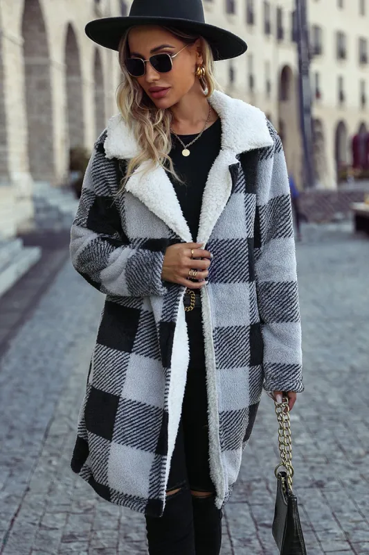 Black Fleece Plaid Notched Lapel Midi Coat With Pockets made by Zapaka
