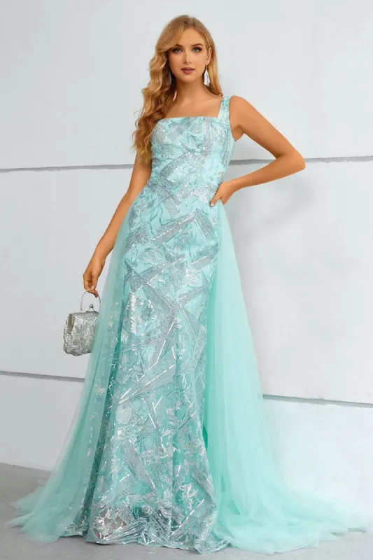 Green Square Neck Mermaid Sequined Prom Dress With Detachable Train sold by Zapaka