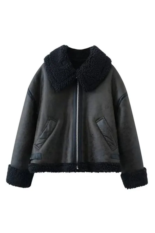 Black Lapel Neck Fleece PU Crooped Women Coat sold by Zapaka