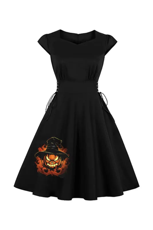 Black Wizard Pattern Halloween A-line Sweatheart Vintage Dress sold by Zapaka