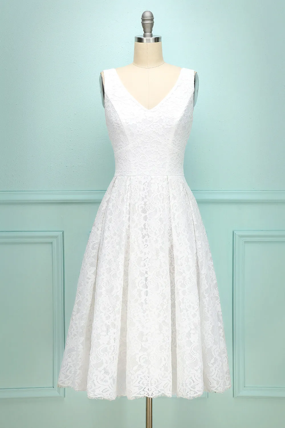White V-neck Lace Dress sold by Zapaka