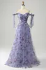 A-Line Blue Printed Adjustable Straps Long Prom Dress sold by Zapaka