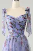 A-Line Blue Printed Adjustable Straps Long Prom Dress sold by Zapaka