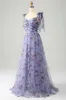 A-Line Blue Printed Adjustable Straps Long Prom Dress sold by Zapaka