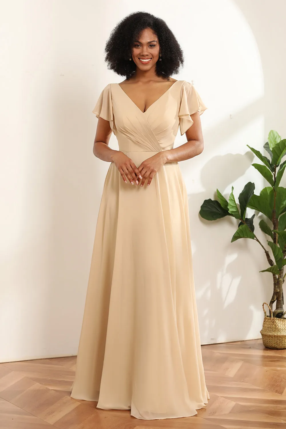 Champagne Cap Sleeves Long Chiffon Bridesmaid Dress sold by Zapaka product image thumbnail 4