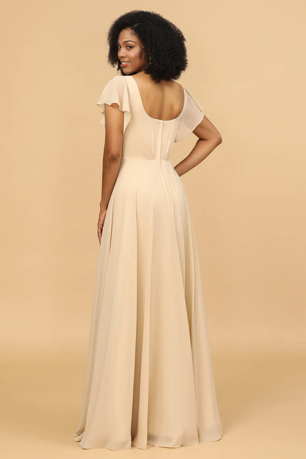 Champagne Cap Sleeves Long Chiffon Bridesmaid Dress sold by Zapaka product image thumbnail 2