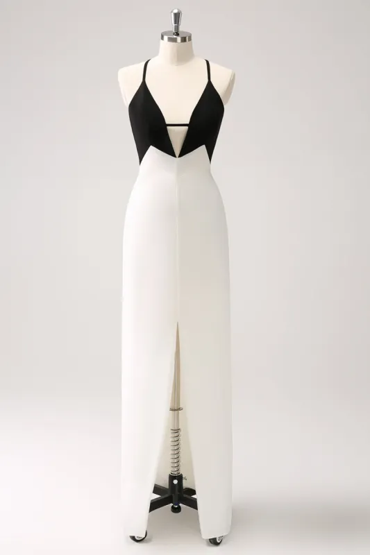 Black White Sheath Spaghetti Straps Long Prom Dress With Front Split sold by Zapaka