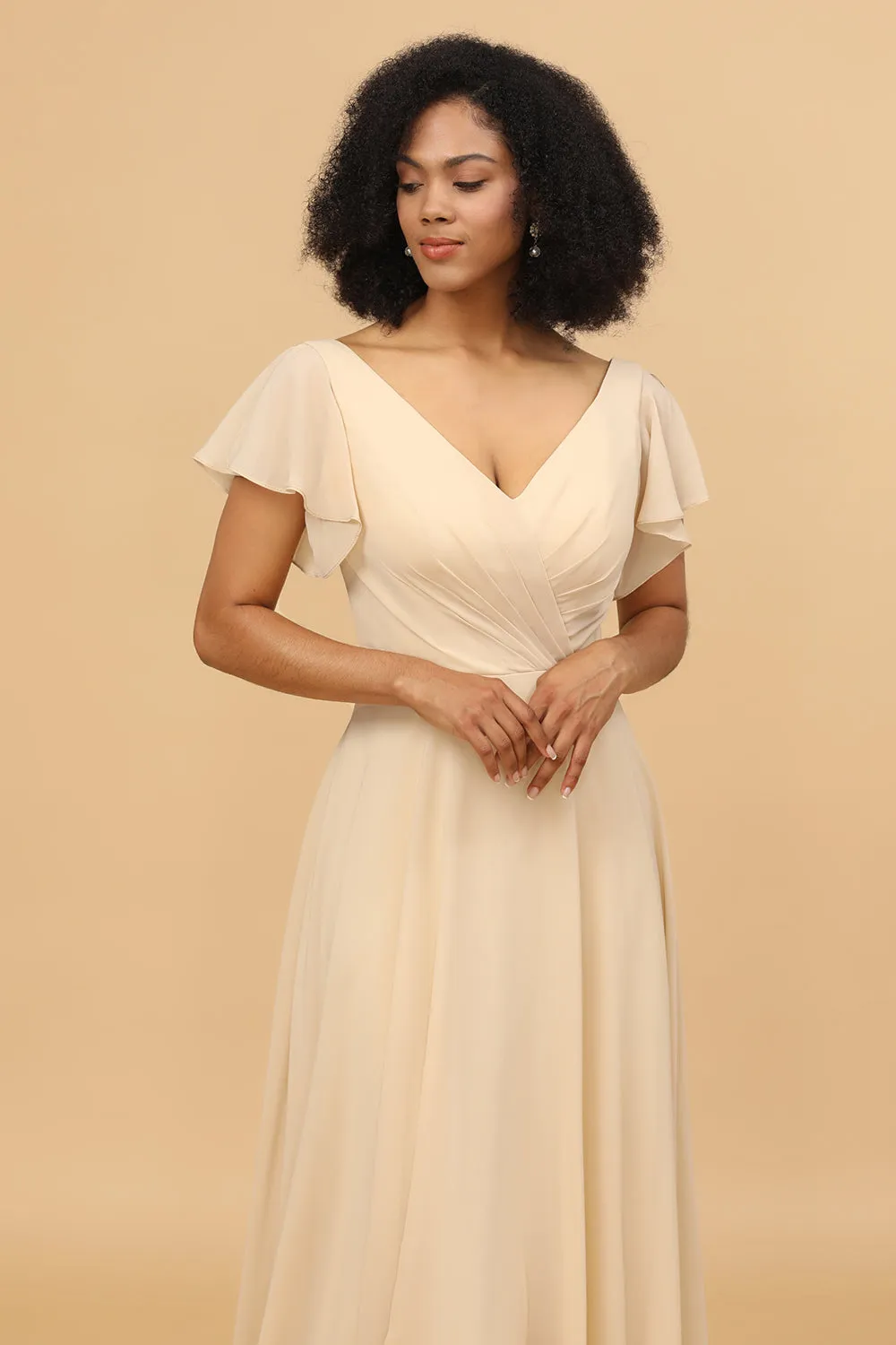 Champagne Cap Sleeves Long Chiffon Bridesmaid Dress sold by Zapaka product image thumbnail 5