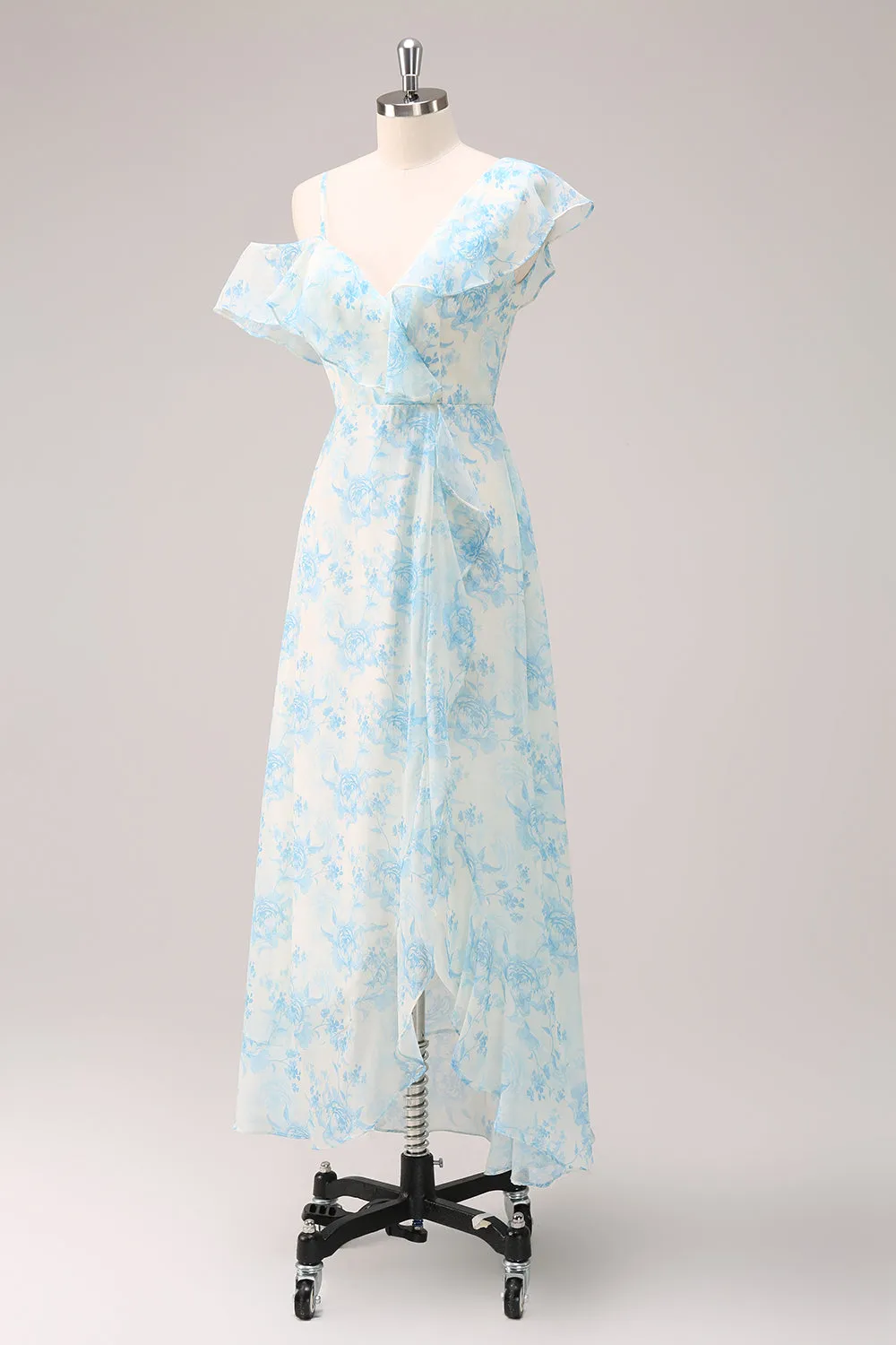 Stylish A-Line White Blue Flower Chiffon Bridesmaid Dress with Slit sold by Zapaka product image thumbnail 3