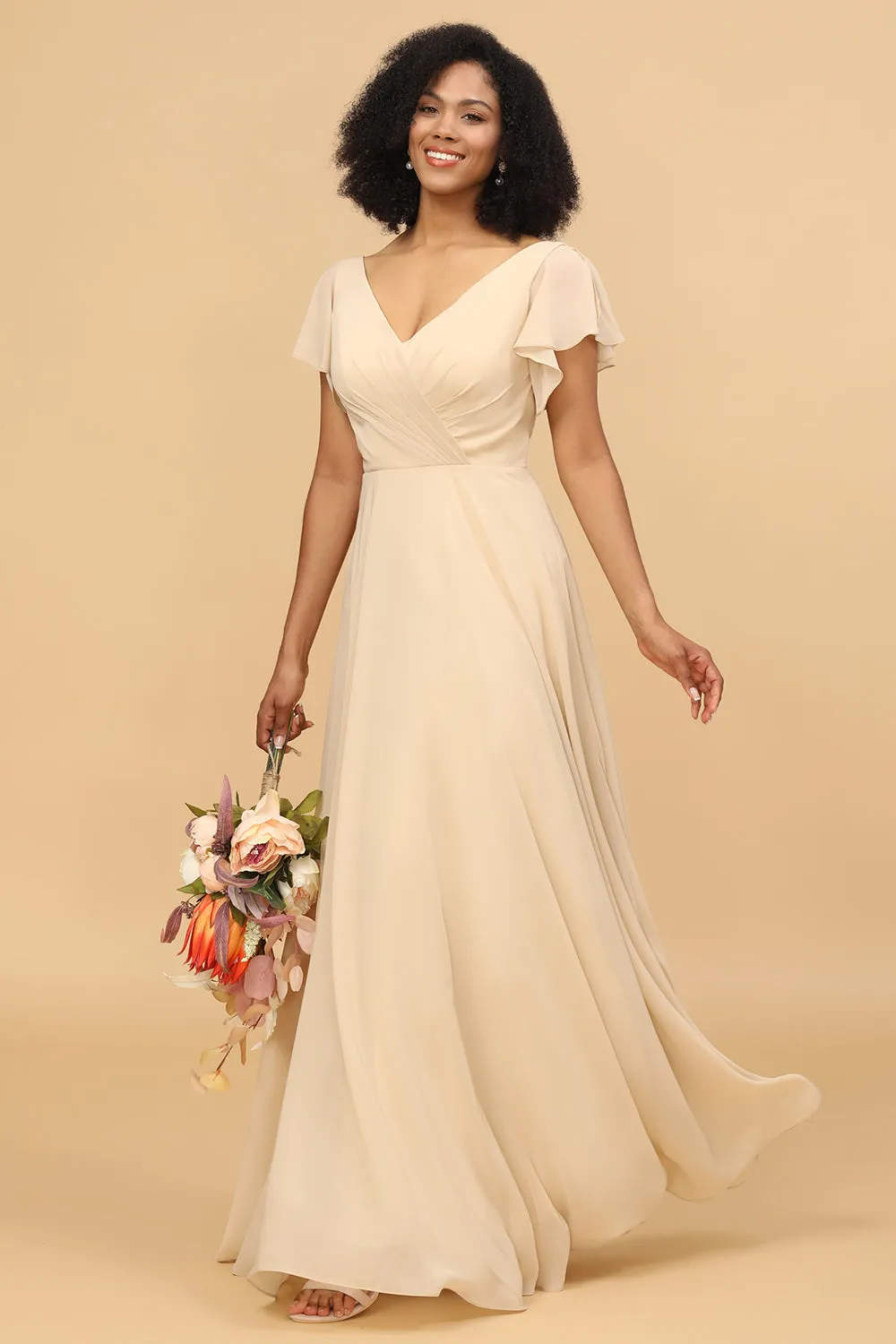 Champagne Cap Sleeves Long Chiffon Bridesmaid Dress sold by Zapaka product image thumbnail 3