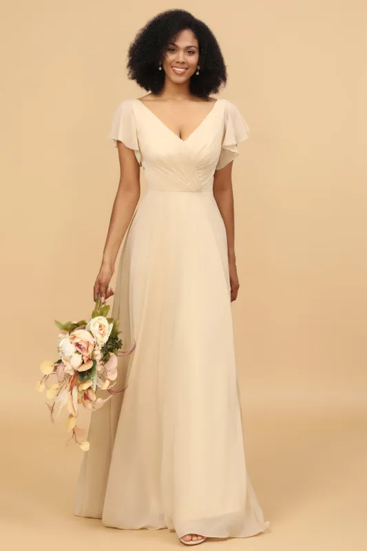 Champagne Cap Sleeves Long Chiffon Bridesmaid Dress sold by Zapaka