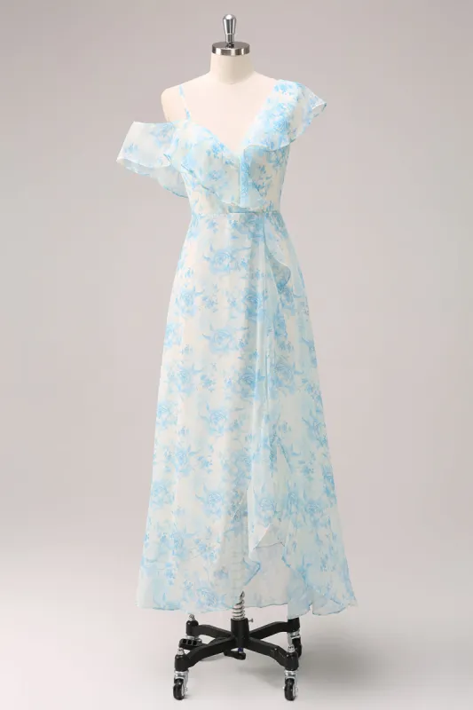 Stylish A-Line White Blue Flower Chiffon Bridesmaid Dress with Slit sold by Zapaka
