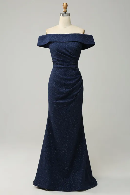 Navy Off The Shoulder Sparkly Sheath Long Bridesmaid Dress sold by Zapaka